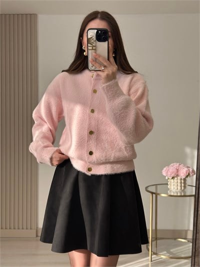 Angora İplik Gold Düğmeli Hırka Pembe