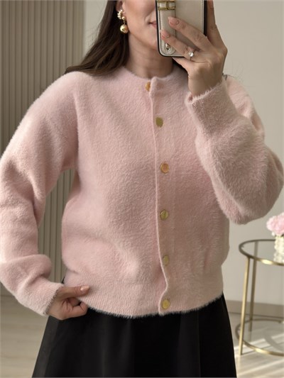 Angora İplik Gold Düğmeli Hırka Pembe
