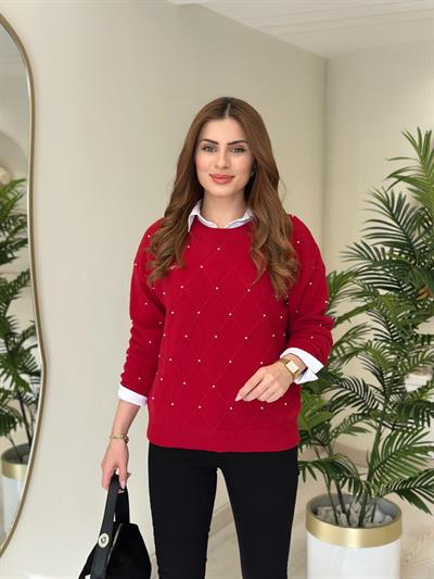 Angora İplik İnci Detaylı Sıfır Yaka Kazak Kırmızı