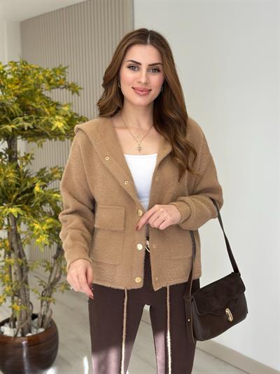 Angora Kapşonlu Camel Gold Detaylı Hırka