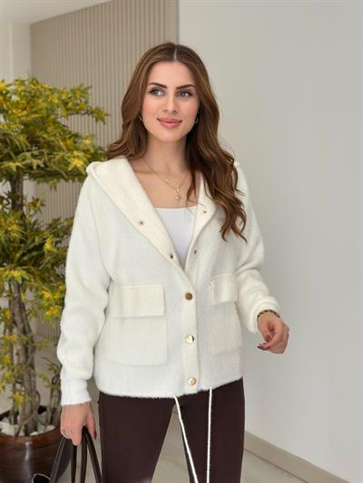 Angora Kapşonlu Krem Gold Detaylı Hırka