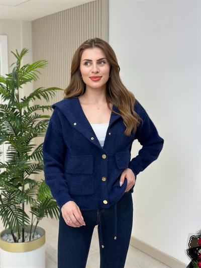 Angora Kapşonlu Lacivert Gold Detaylı Hırka