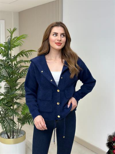Angora Kapşonlu Lacivert Gold Detaylı Hırka