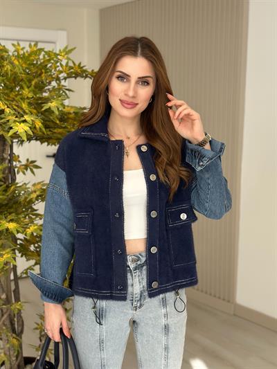 Angora Kolları Kot Detaylı Tasarım Yumoş Hırka Lacivert