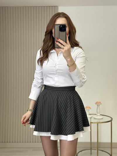 Antrasit Beyaz Çizgili Mini Kloş Etek