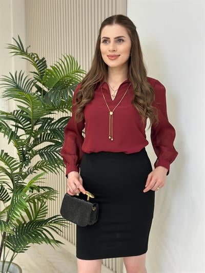 Asansör Kolyeli Şifon Kol Bluz Bordo