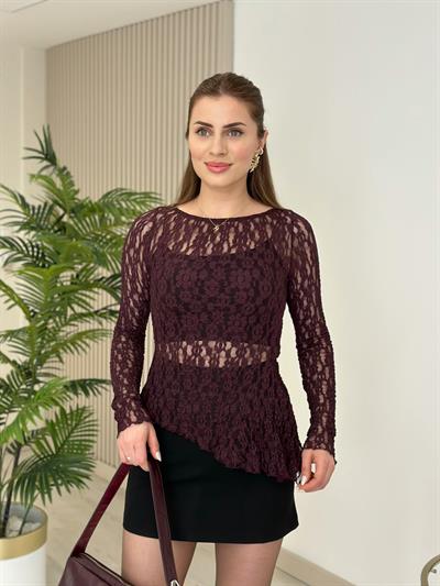 Asimetrik Kesim Güpür Bluz Mürdüm