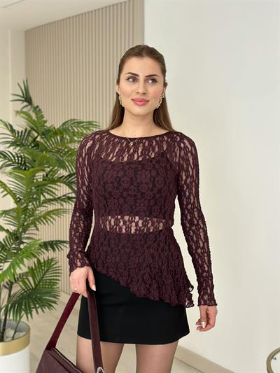 Asimetrik Kesim Güpür Bluz Mürdüm