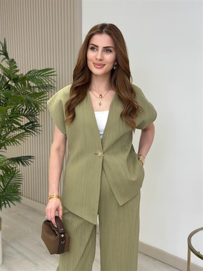 Asimetrik Kesim Güneş Düğmeli Keten Yelekli Takım Haki