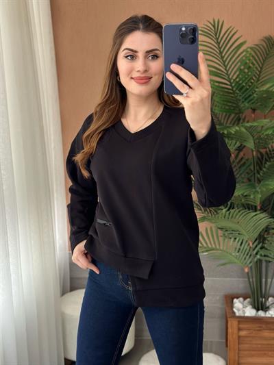 Asimetrik Kesim V Yaka Sweatshirt Siyah