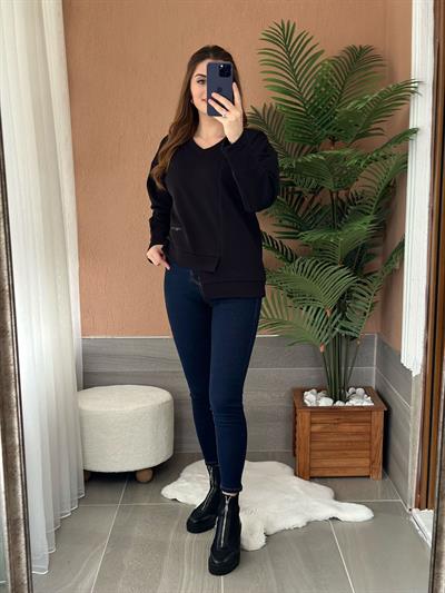 Asimetrik Kesim V Yaka Sweatshirt Siyah