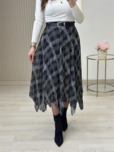 Asimetrik Şifon Ekose Etek Siyah