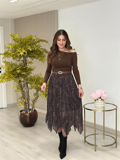 Asimetrik Şifon Etek Kahve