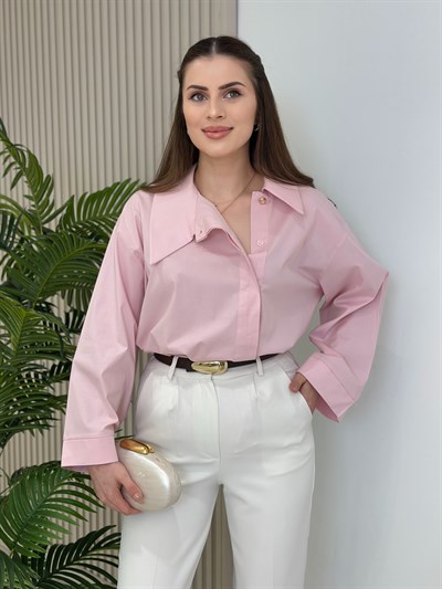 Asimetrik Yaka Oversıze Poplin Gömlek Pembe