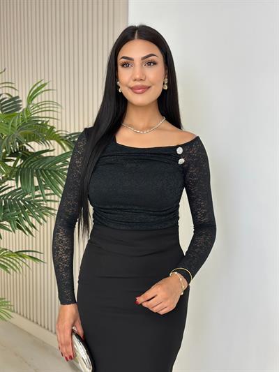 Asimetrik Yaka Yakası Taşlı Güpür Bluz Siyah