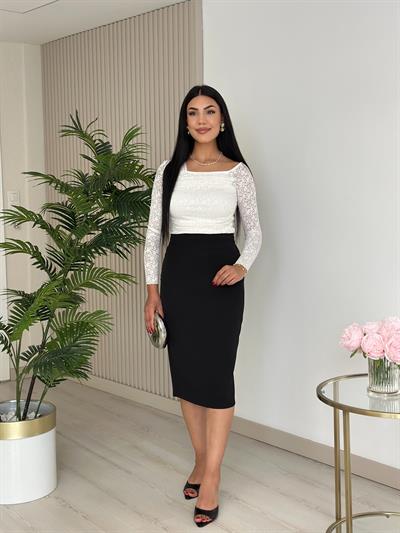 Asimetrik Yaka Yakası Taşlı Güpür Bluz Beyaz