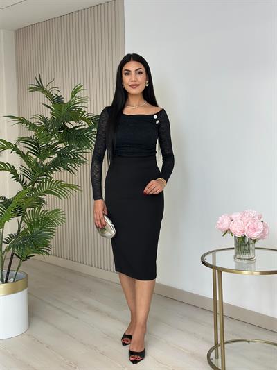 Asimetrik Yaka Yakası Taşlı Güpür Bluz Siyah