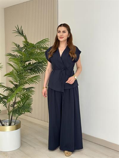 Asimetrik Kesim Yelek Palazzo Pantolon Takım Lacivert 