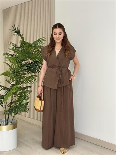 Asimetrik Kesim Yelek Palazzo Pantolon Takım Kahve