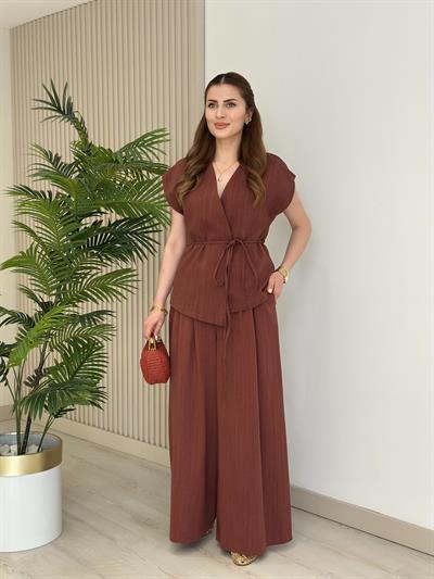 Asimetrik Kesim Yelek Palazzo Pantolon Takım Kiremit