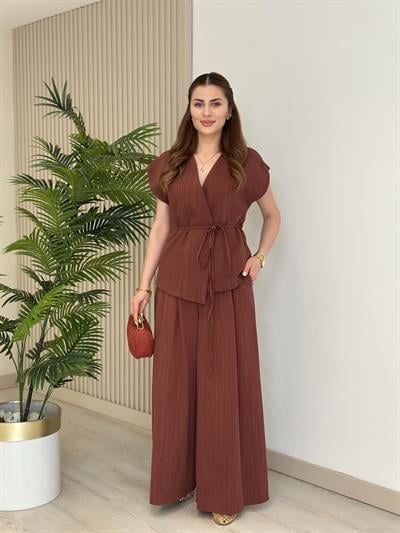 Asimetrik Kesim Yelek Palazzo Pantolon Takım Kiremit