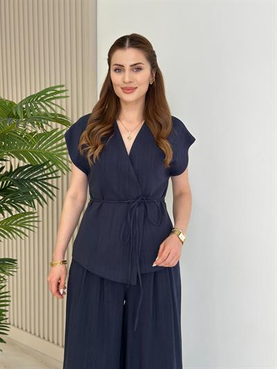 Asimetrik Kesim Yelek Palazzo Pantolon Takım Lacivert 