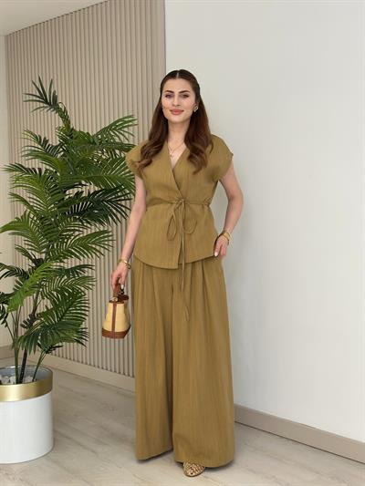 Asimetrik Kesim Yelek Palazzo Pantolon Takım Hardal