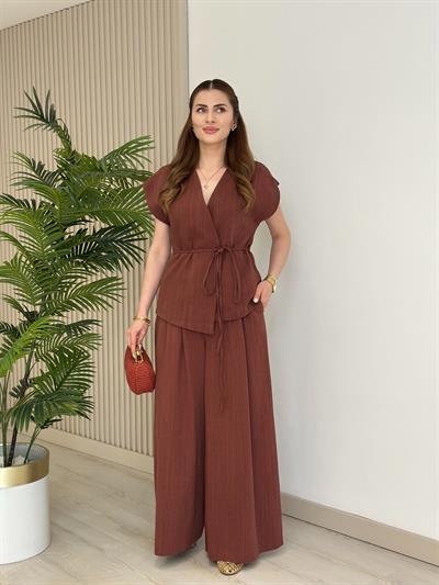 Asimetrik Kesim Yelek Palazzo Pantolon Takım Kiremit