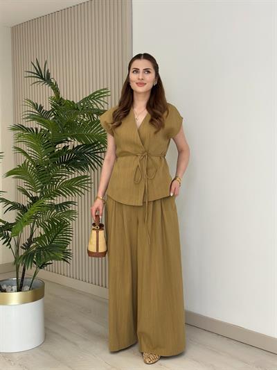 Asimetrik Kesim Yelek Palazzo Pantolon Takım Hardal