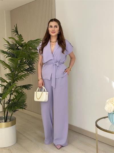 Asimetrik Yaka Yelek Pantolon Takım Lila