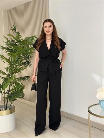 Asimetrik Yaka Yelek Pantolon Takım Siyah