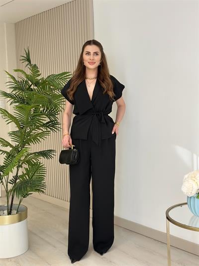 Asimetrik Yaka Yelek Pantolon Takım Siyah