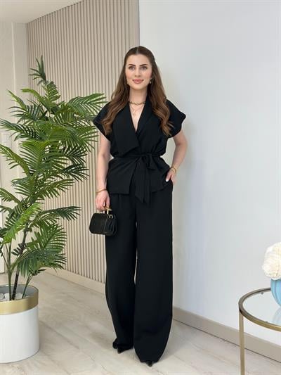 Asimetrik Yaka Yelek Pantolon Takım Siyah