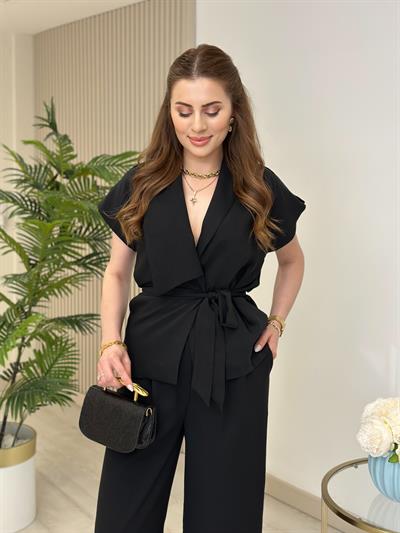 Asimetrik Yaka Yelek Pantolon Takım Siyah
