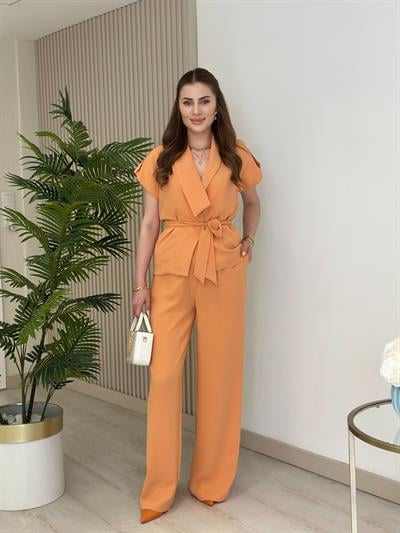 Asimetrik Yaka Yelek Pantolon Takım Turuncu