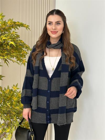 Atkılı Çizgili Oversıze Hırka Lacivert Füme