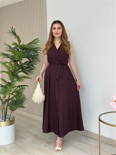 Atlas Kumaş Düğmeli Kloş Elbise Bordo