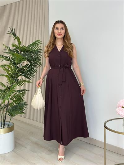 Atlas Kumaş Düğmeli Kloş Elbise Bordo