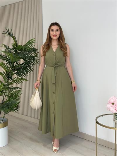 Atlas Kumaş Düğmeli Kloş Elbise Haki 