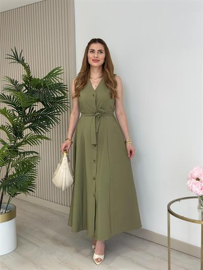 Atlas Kumaş Düğmeli Kloş Elbise Haki 