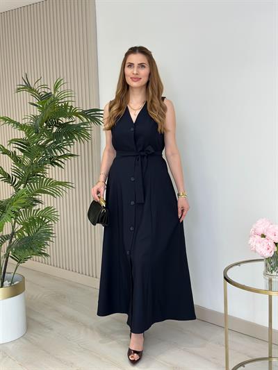 Atlas Kumaş Düğmeli Kloş Elbise Lacivert