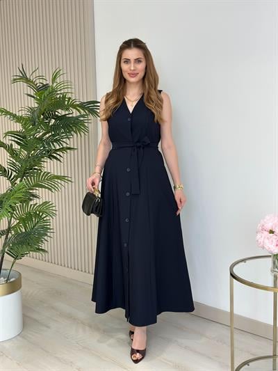 Atlas Kumaş Düğmeli Kloş Elbise Lacivert