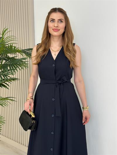 Atlas Kumaş Düğmeli Kloş Elbise Lacivert