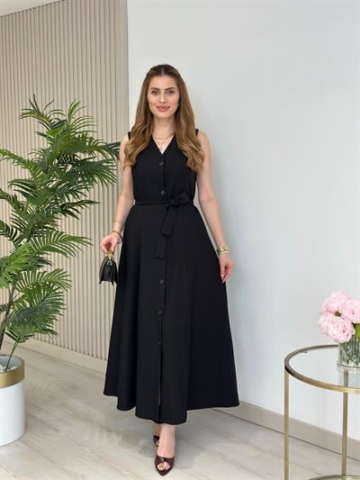 Atlas Kumaş Düğmeli Kloş Elbise Siyah
