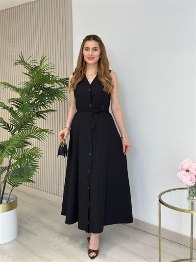Atlas Kumaş Düğmeli Kloş Elbise Siyah