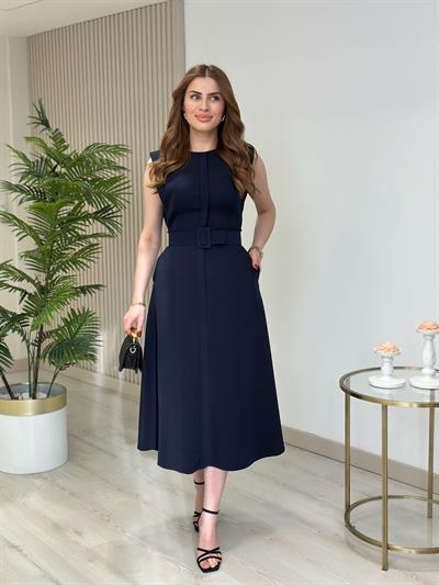 Atlas Kumaş Kemerli Sıfır Yaka Elbise Lacivert 
