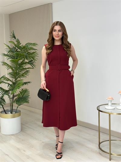 Atlas Kumaş Kemerli Sıfır Yaka Elbise Bordo