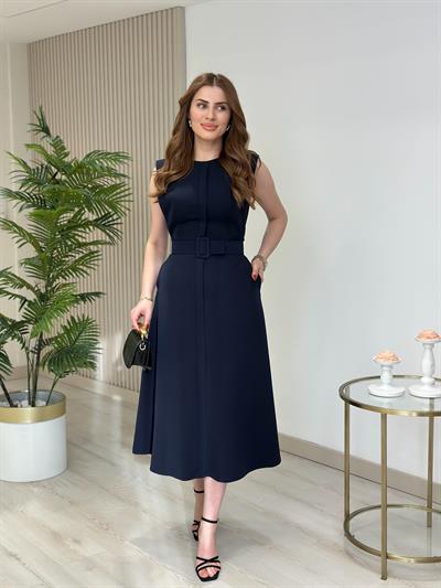 Atlas Kumaş Kemerli Sıfır Yaka Elbise Lacivert 