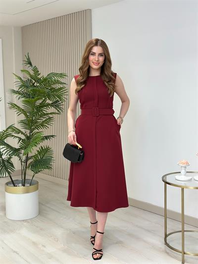 Atlas Kumaş Kemerli Sıfır Yaka Elbise Bordo