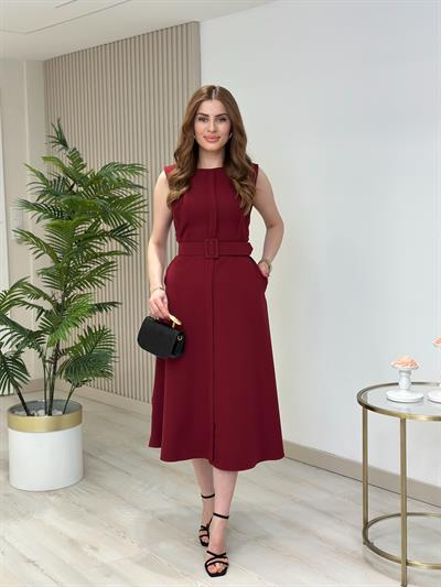 Atlas Kumaş Kemerli Sıfır Yaka Elbise Bordo